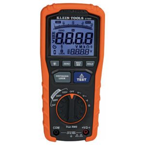 Digital multimeter with orange protective casing.