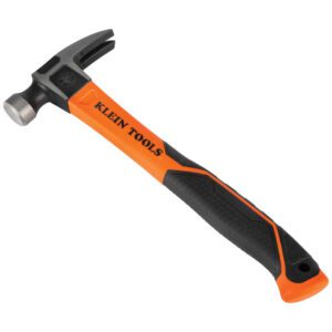 Orange and black claw hammer, Klein Tools.