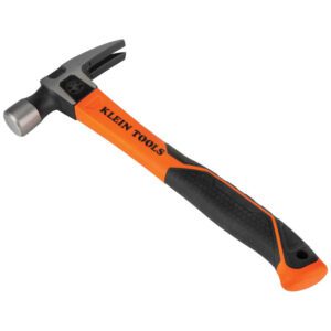 Orange and black Klein Tools hammer.